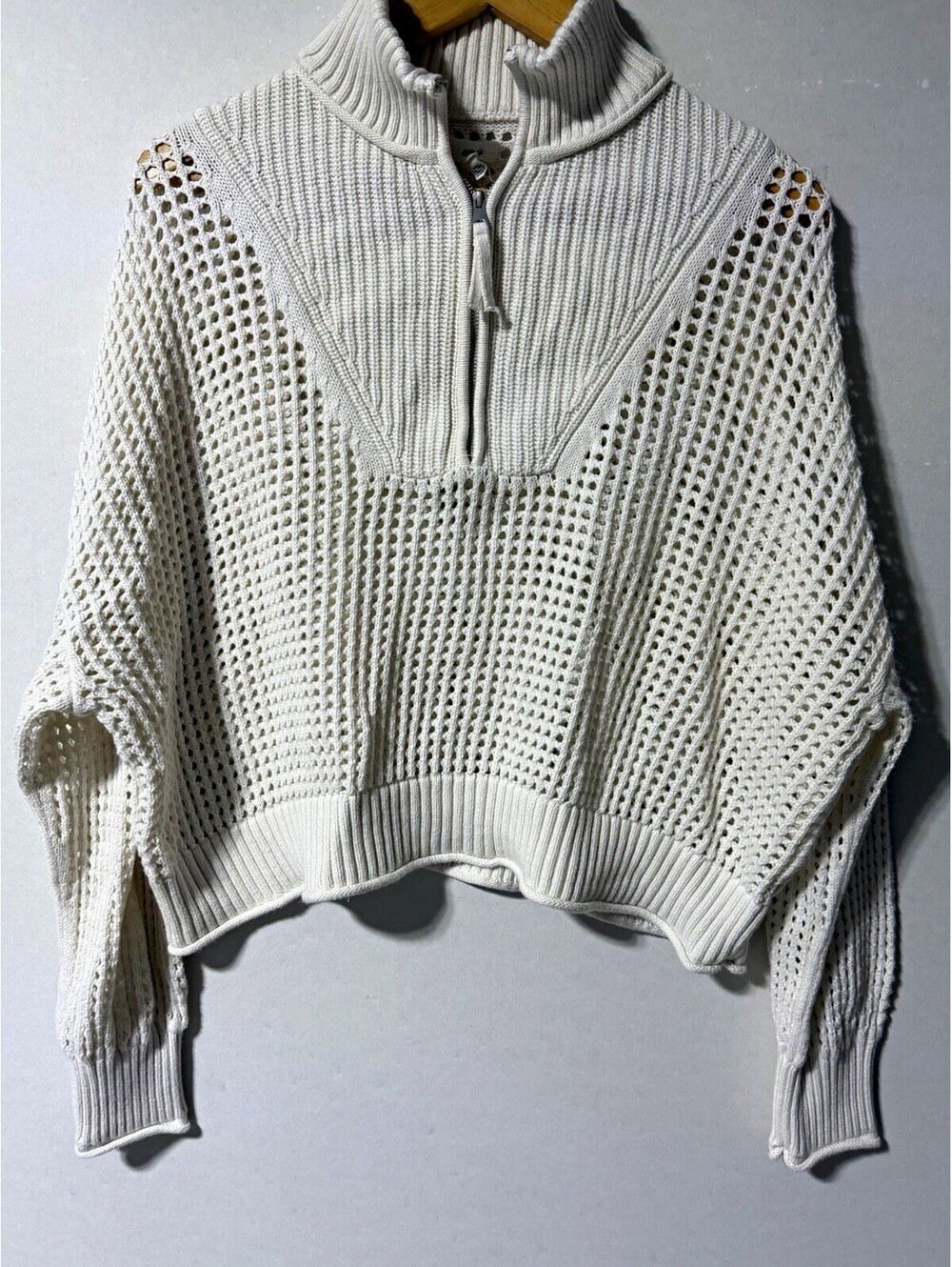 Aerie Women's White Solid Open-Knit Mock Neck Quarter Zip Pullover Sweater L